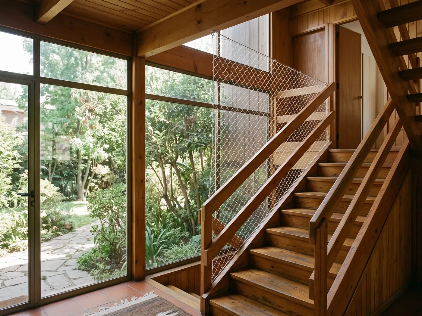 Escalera interior de madera de una casa de La Reina con malla de seguridad en el lado abierto, y el jardín por la ventana