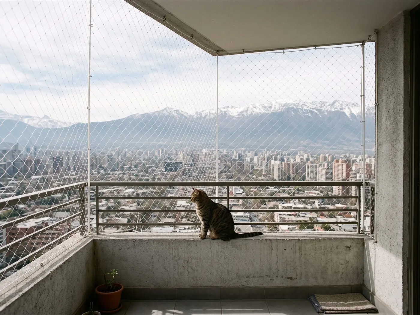 Gato sentado en el borde de un balcón cerrado con malla de seguridad, con la ciudad y la cordillera al fondo