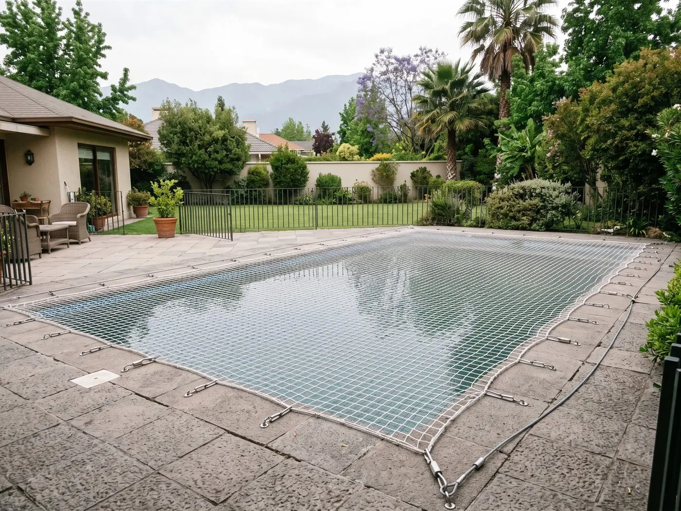 Piscina de una casa cubierta con una malla de seguridad tensada sobre el agua, fijada al borde