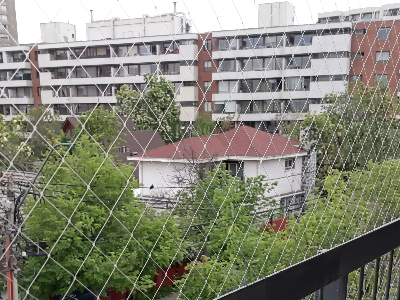 Malla de seguridad transparente en un balcón, con una casa de techo rojo, árboles y un edificio de departamentos al fondo
